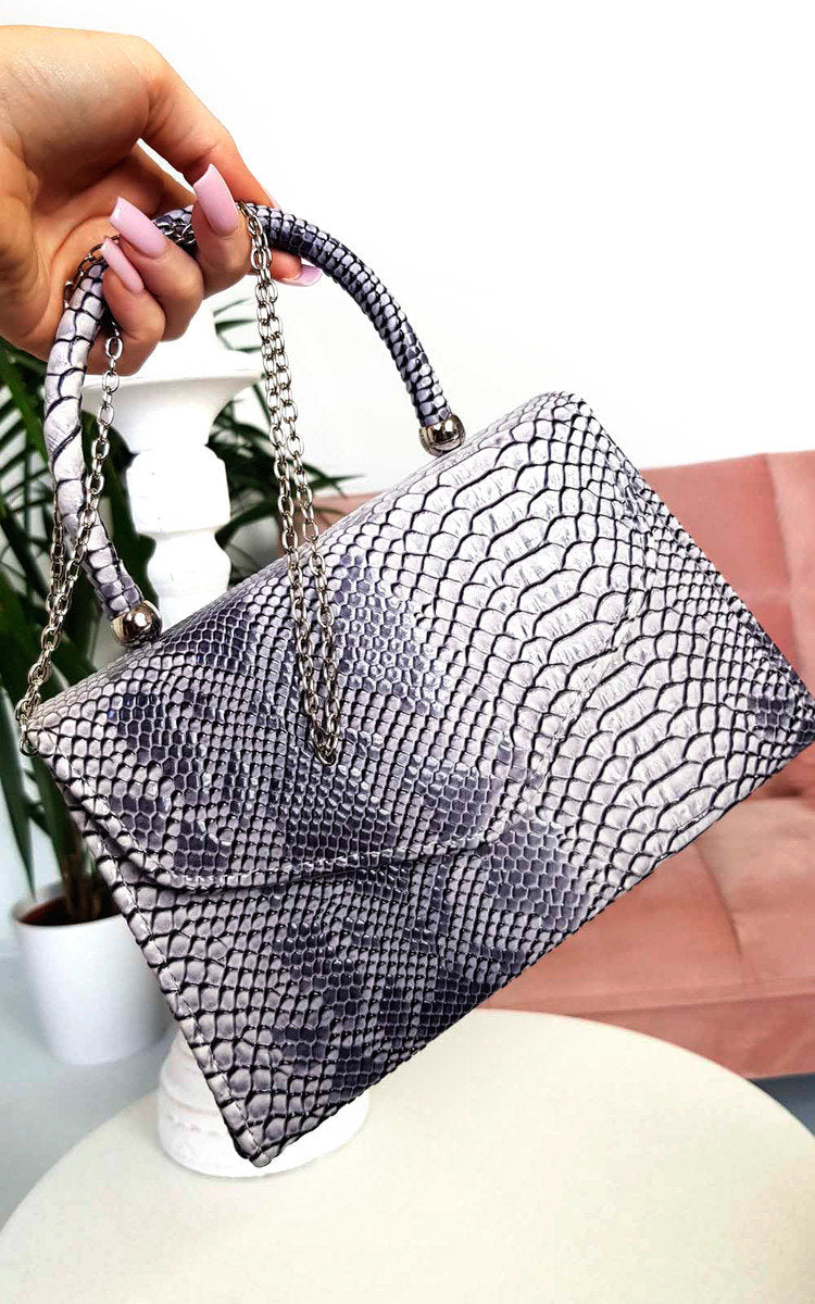 Faux Leather Handbag in Lilac with Top Handle and Chain Strap