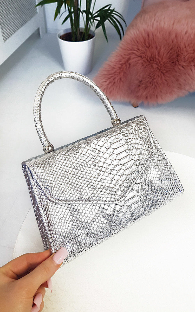 Faux Leather Handbag in Lilac with Top Handle and Chain Strap