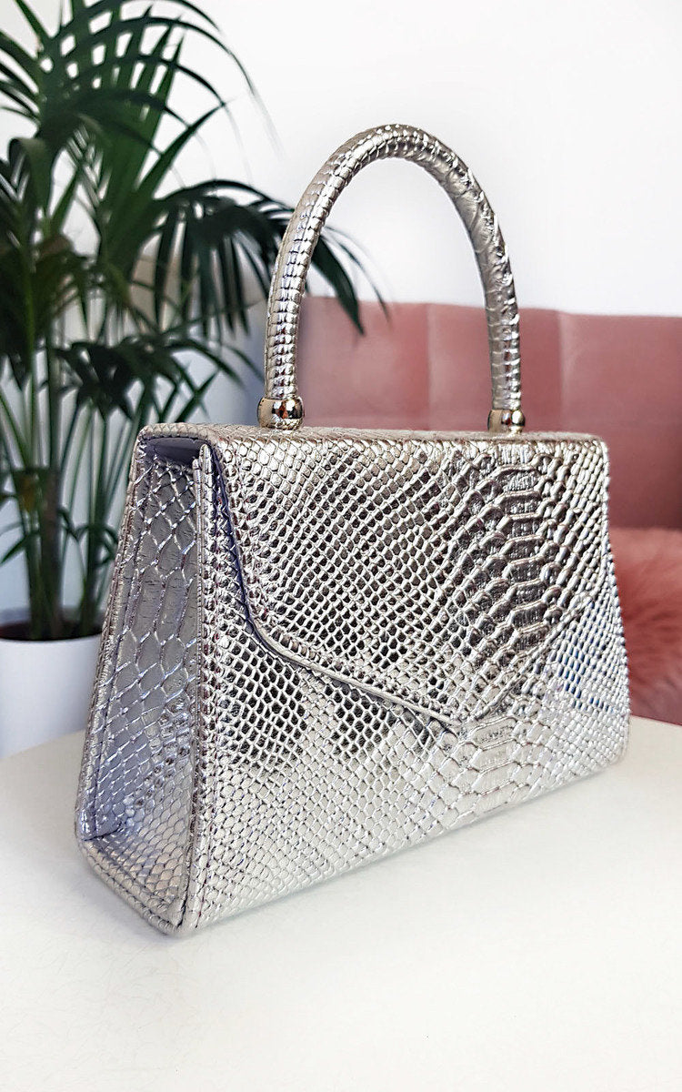 Faux Leather Handbag in Lilac with Top Handle and Chain Strap