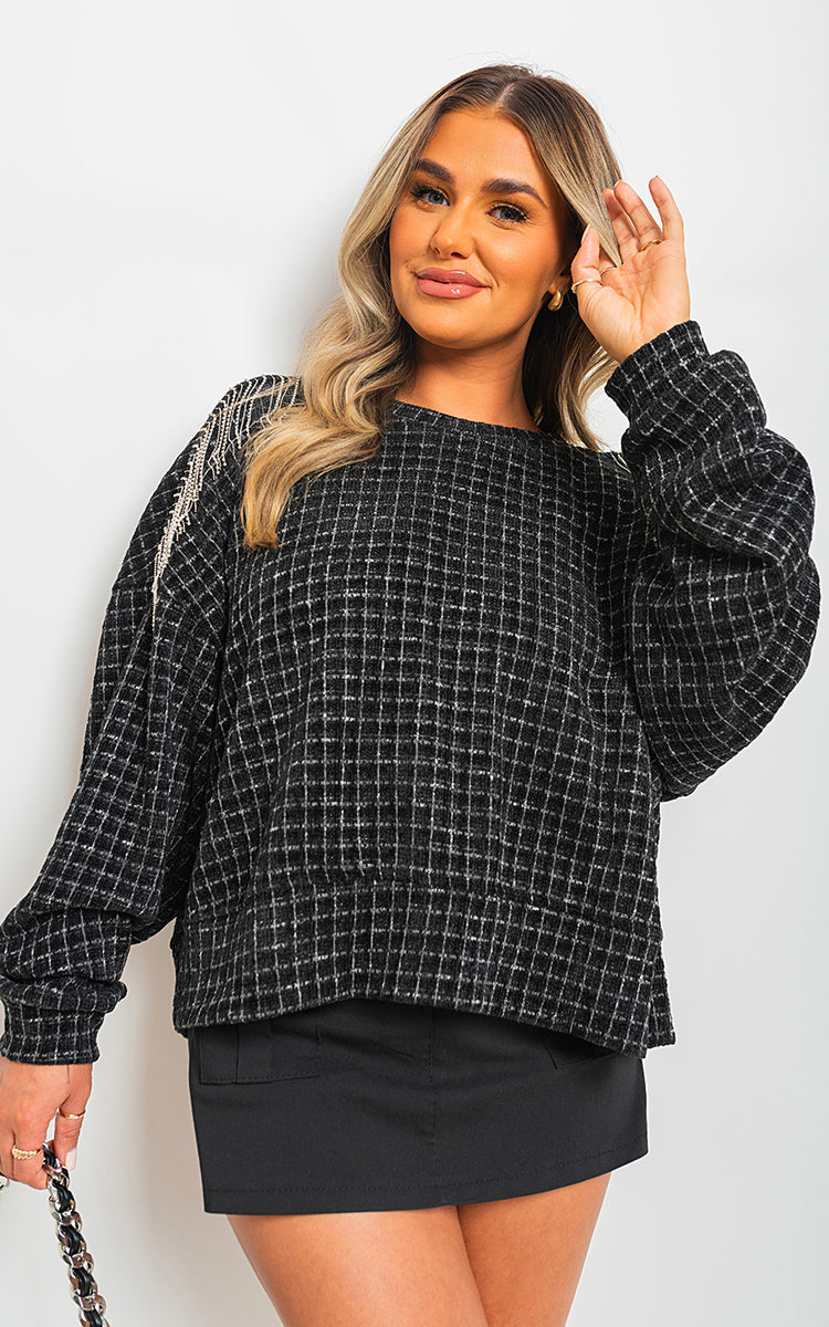 Knitted Jumper in Khaki with Check Pattern and Shoulder Tassels