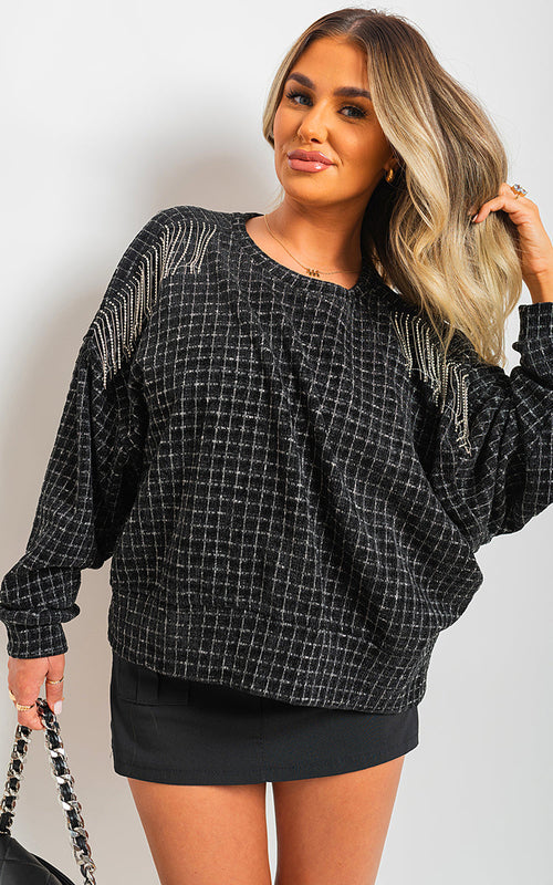 Knitted Jumper in Khaki with Check Pattern and Shoulder Tassels