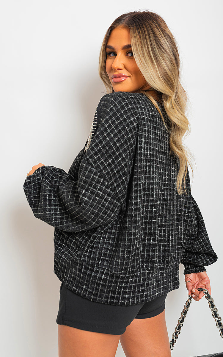 Knitted Jumper in Khaki with Check Pattern and Shoulder Tassels
