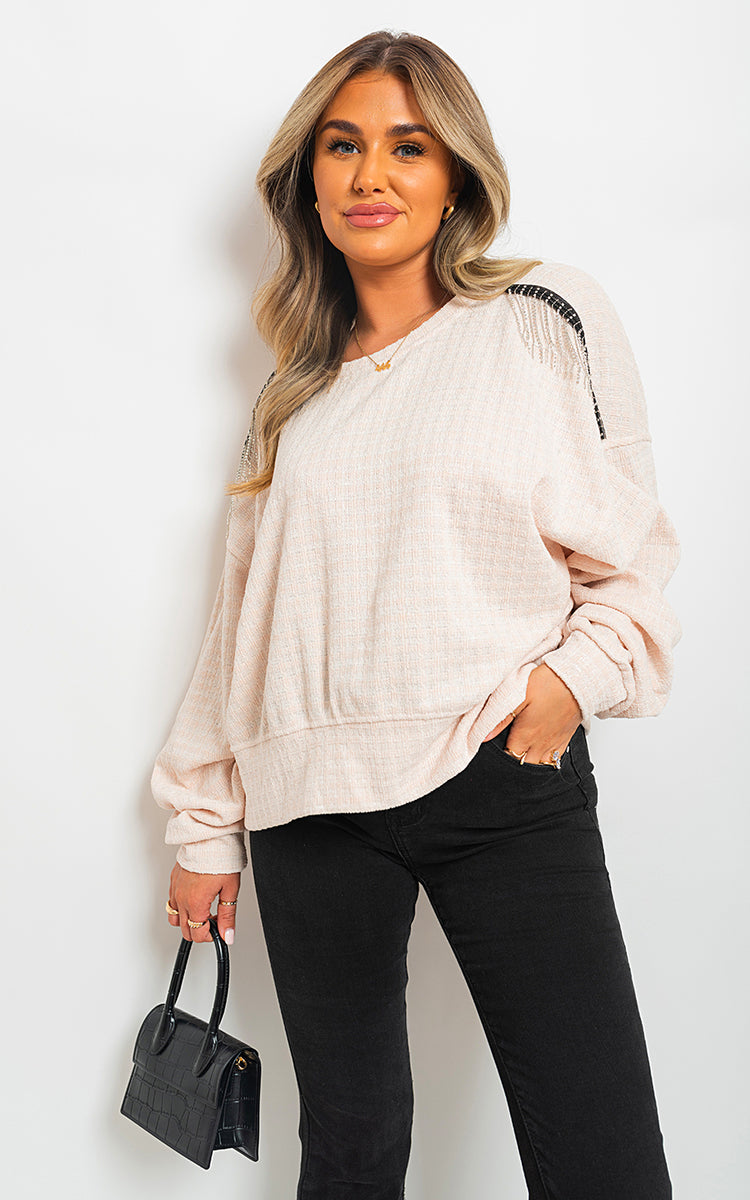 Knitted Jumper in Khaki with Check Pattern and Shoulder Tassels