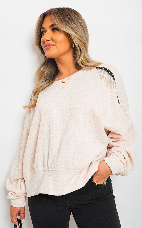 Knitted Jumper in Khaki with Check Pattern and Shoulder Tassels