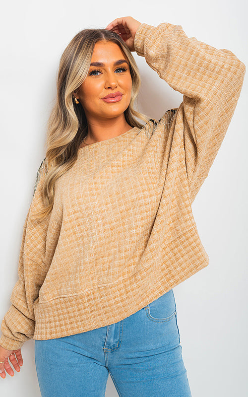 Knitted Jumper in Khaki with Check Pattern and Shoulder Tassels