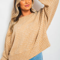 Knitted Jumper in Khaki with Check Pattern and Shoulder Tassels