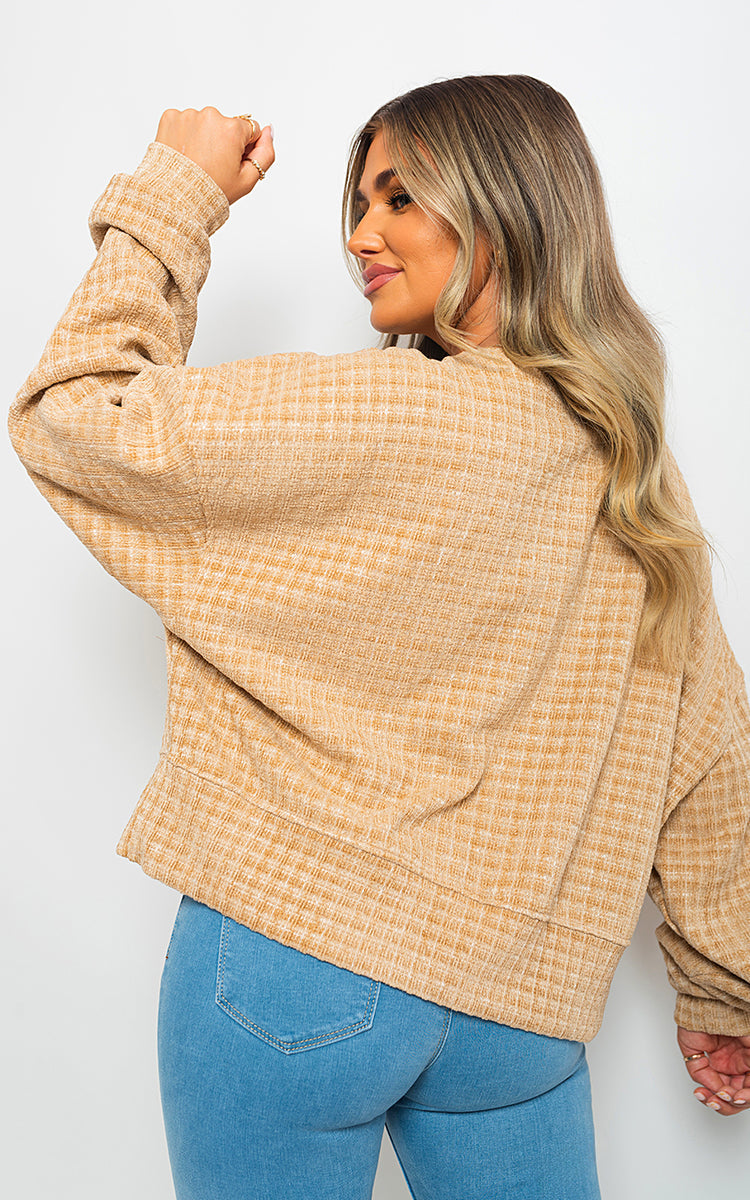 Knitted Jumper in Khaki with Check Pattern and Shoulder Tassels