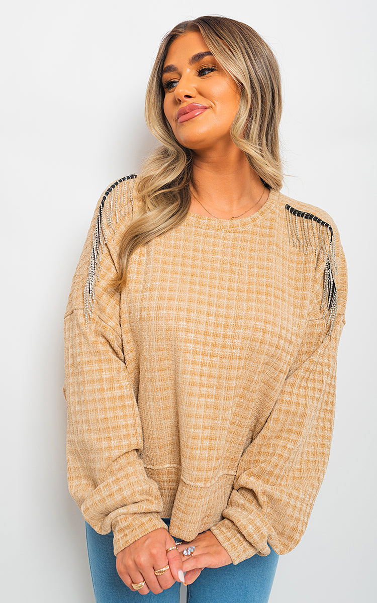 Knitted Jumper in Khaki with Check Pattern and Shoulder Tassels