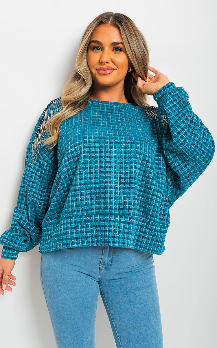 Knitted Jumper in Khaki with Check Pattern and Shoulder Tassels