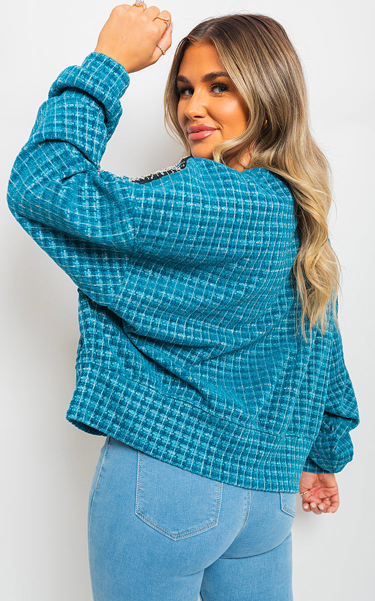 Knitted Jumper in Khaki with Check Pattern and Shoulder Tassels