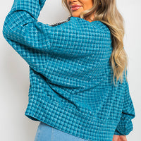 Knitted Jumper in Khaki with Check Pattern and Shoulder Tassels
