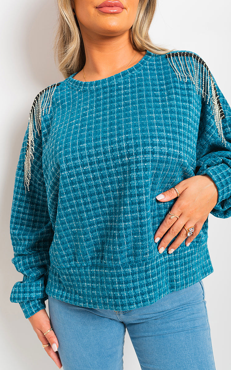 Knitted Jumper in Khaki with Check Pattern and Shoulder Tassels