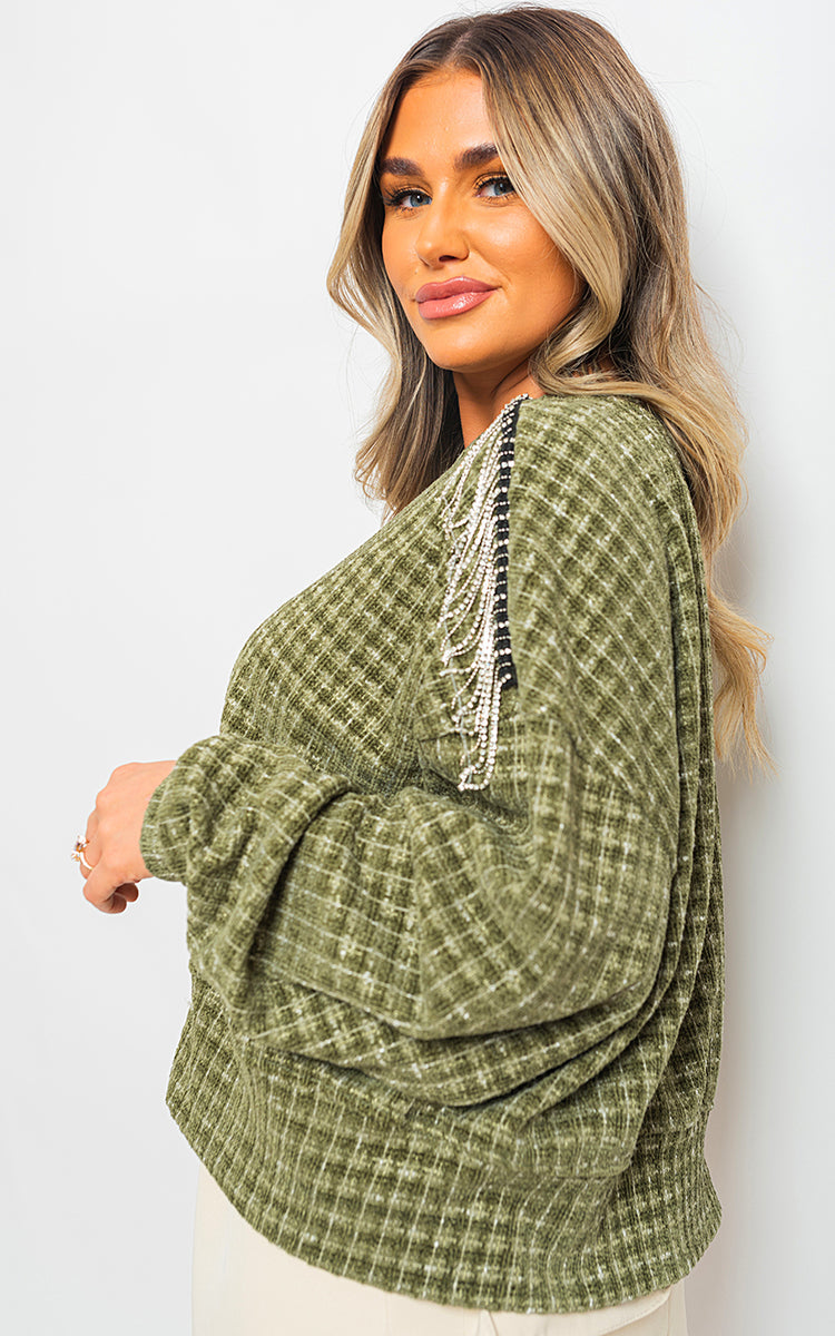 Knitted Jumper in Khaki with Check Pattern and Shoulder Tassels