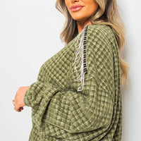 Knitted Jumper in Khaki with Check Pattern and Shoulder Tassels