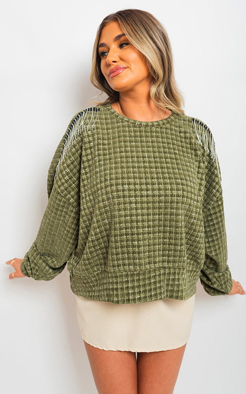 Knitted Jumper in Khaki with Check Pattern and Shoulder Tassels