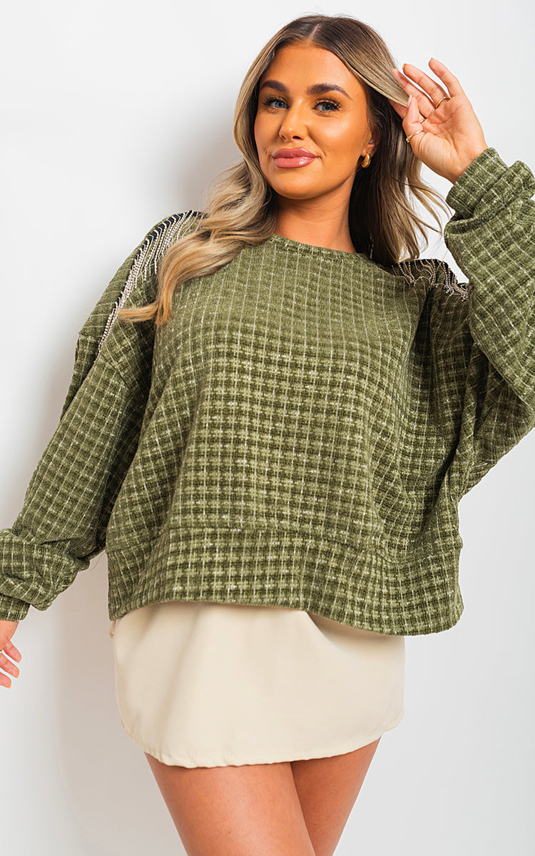 Knitted Jumper in Khaki with Check Pattern and Shoulder Tassels