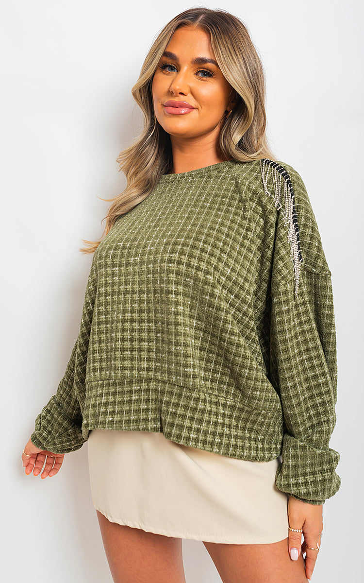 Knitted Jumper in Khaki with Check Pattern and Shoulder Tassels