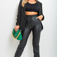 High Waisted Faux Leather Cargo Trousers
