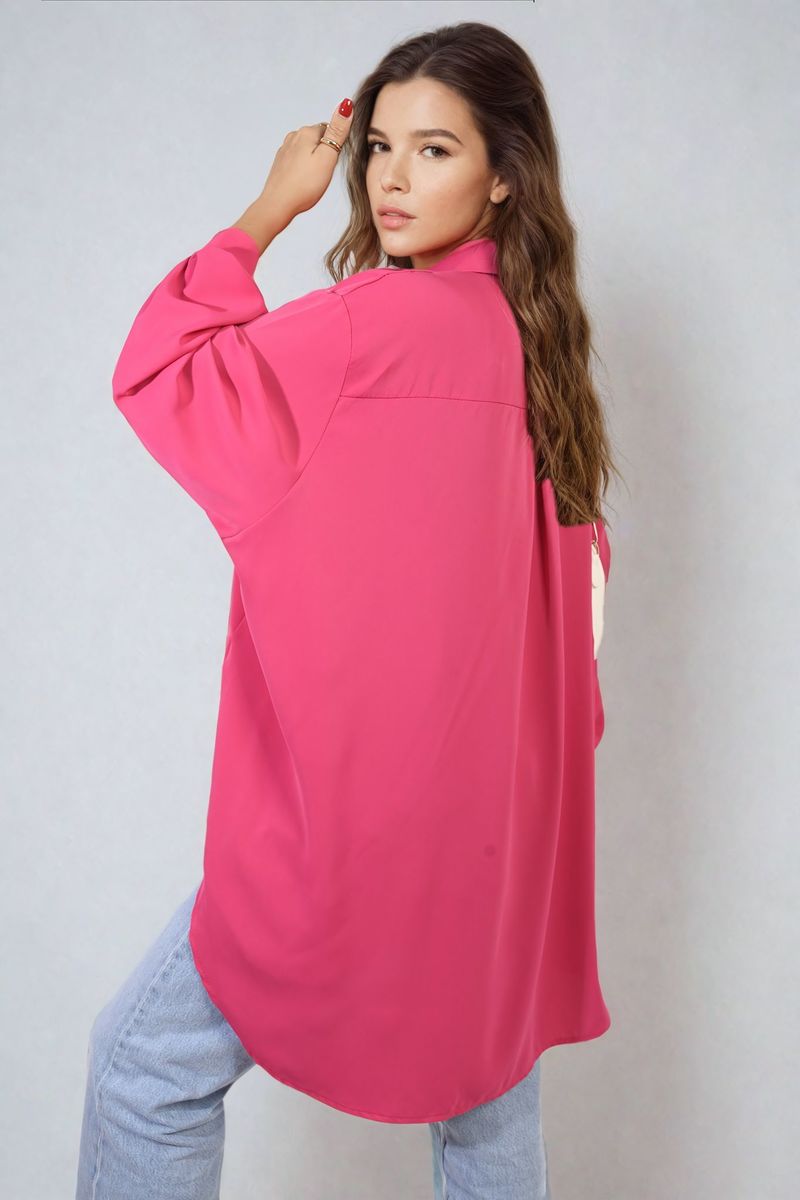 Fuchsia oversized collared button-down top with long sleeves and gold buttons