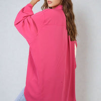 Fuchsia oversized collared button-down top with long sleeves and gold buttons