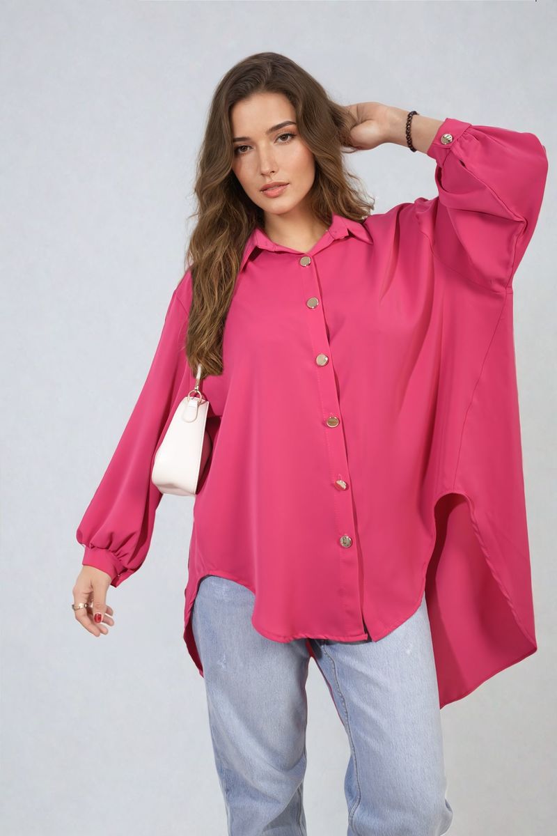 Fuchsia oversized collared button-down top, long sleeves, button front