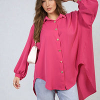 Fuchsia oversized collared button-down top, long sleeves, button front