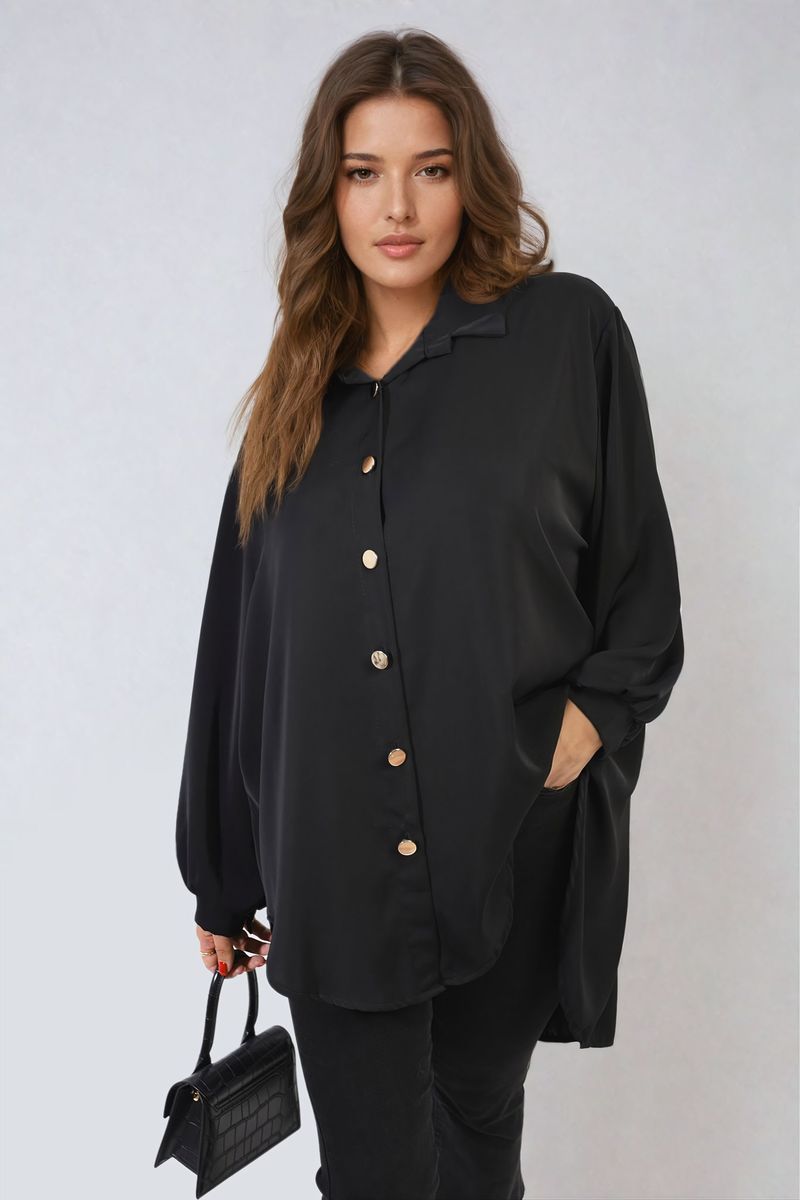Black oversized collared button-down top, long sleeves, front button placket