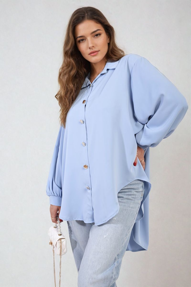 Light blue oversized collared button-down top with long sleeves and gold-tone buttons
