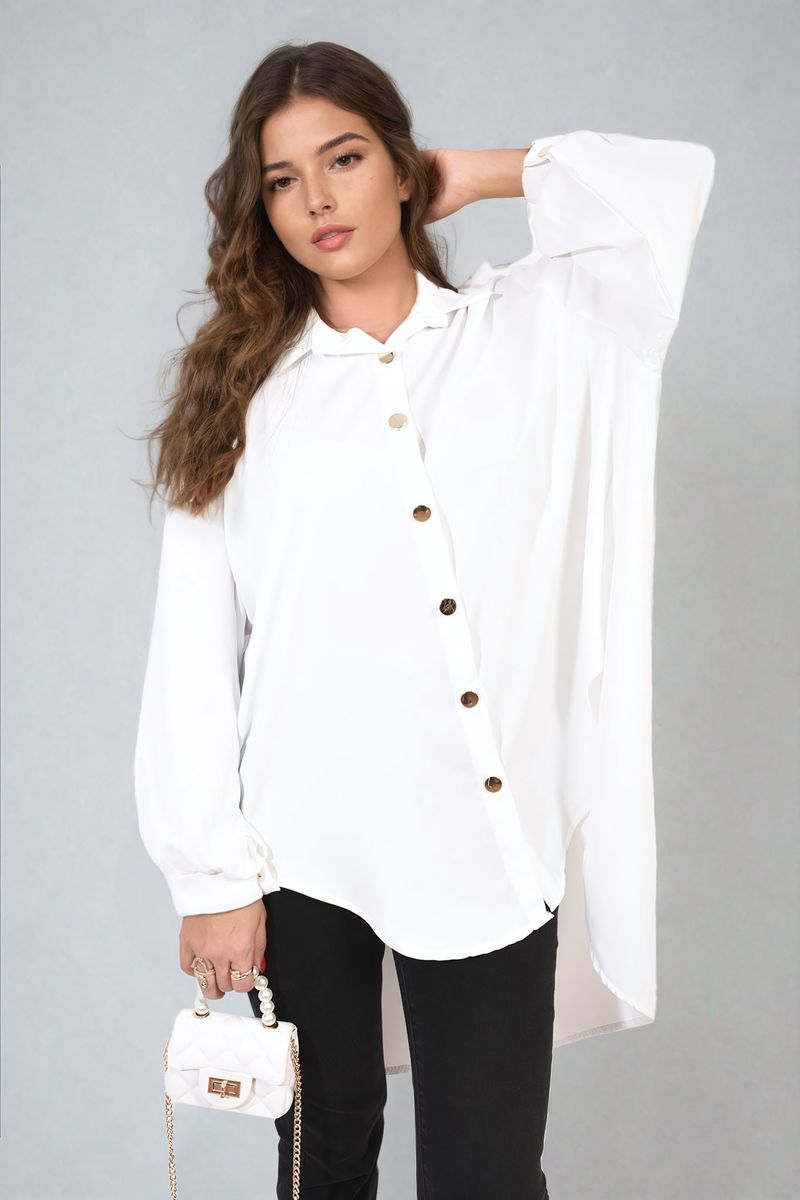 Oversized collared white button-down top with front buttons and gathered sleeve cuffs