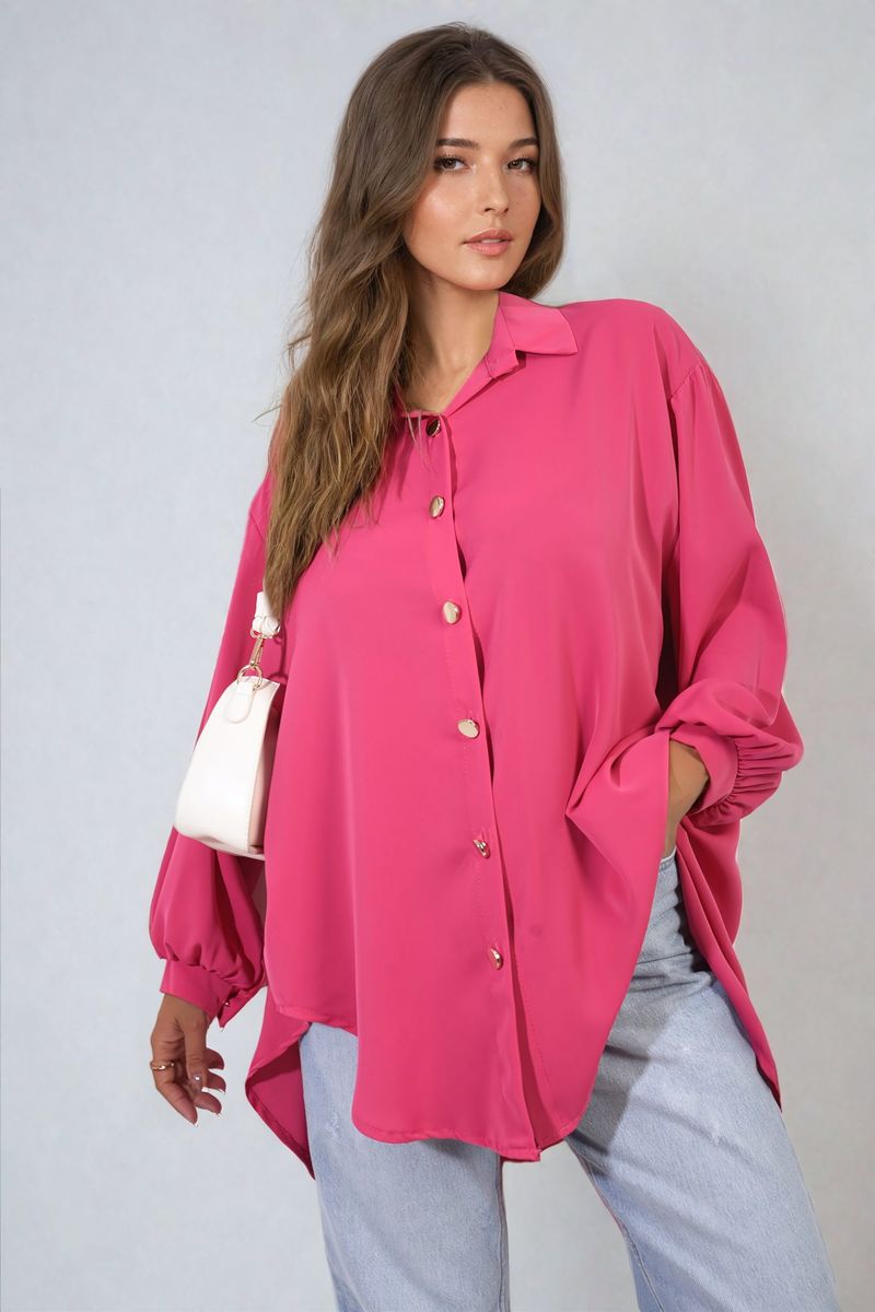 Fuchsia oversized collared button-down top, long sleeves, front button placket