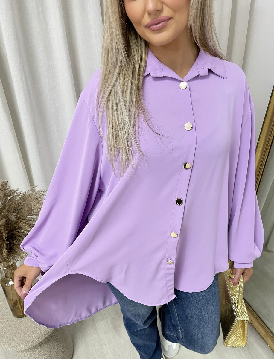 Oversized collared lilac button-down top close-up with front buttons and roomy long sleeves