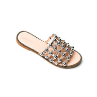 Nude flat slide sandals with crystal-like studded lattice straps, open toe