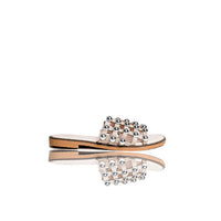 Studded lattice flat slide sandals with crystal-toned jeweled strap, tan sole