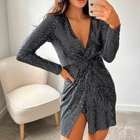 Sequin Mini Dress in Black with Wrap Front and Long Sleeves