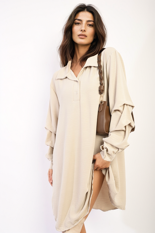 Shirt Dress in Green with Gathered Long Sleeves