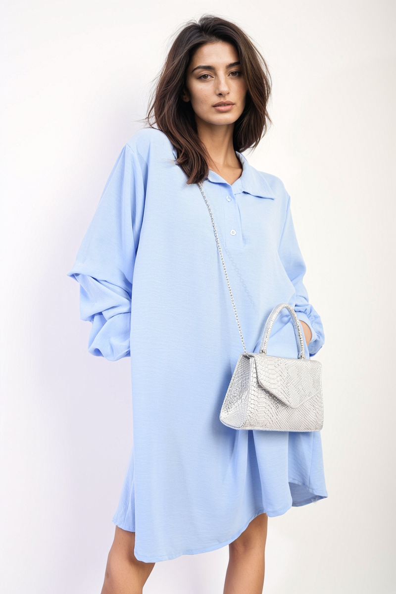 Shirt Dress in Green with Gathered Long Sleeves