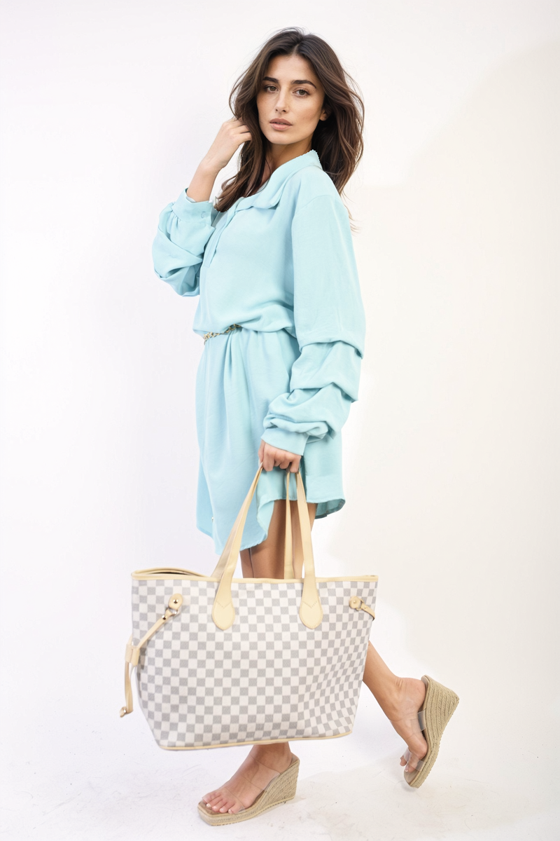 Shirt Dress in Green with Gathered Long Sleeves