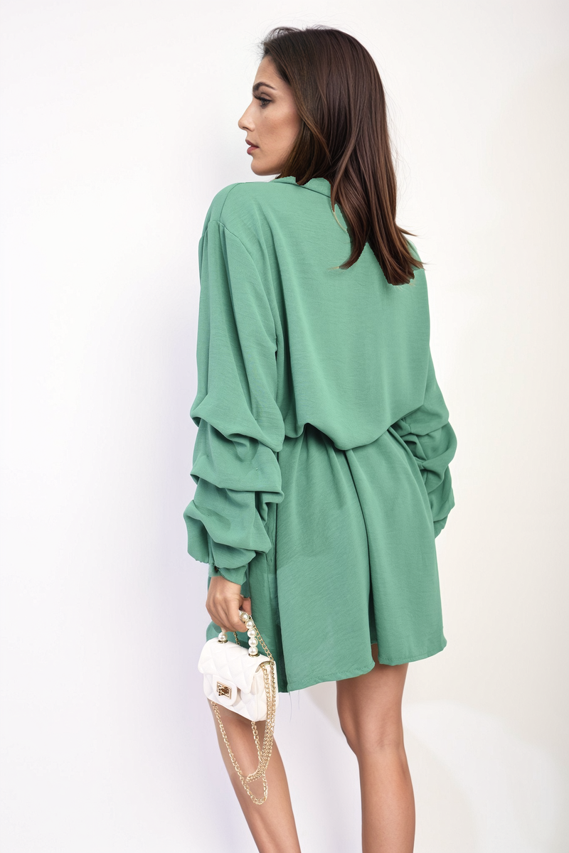 Shirt Dress in Green with Gathered Long Sleeves