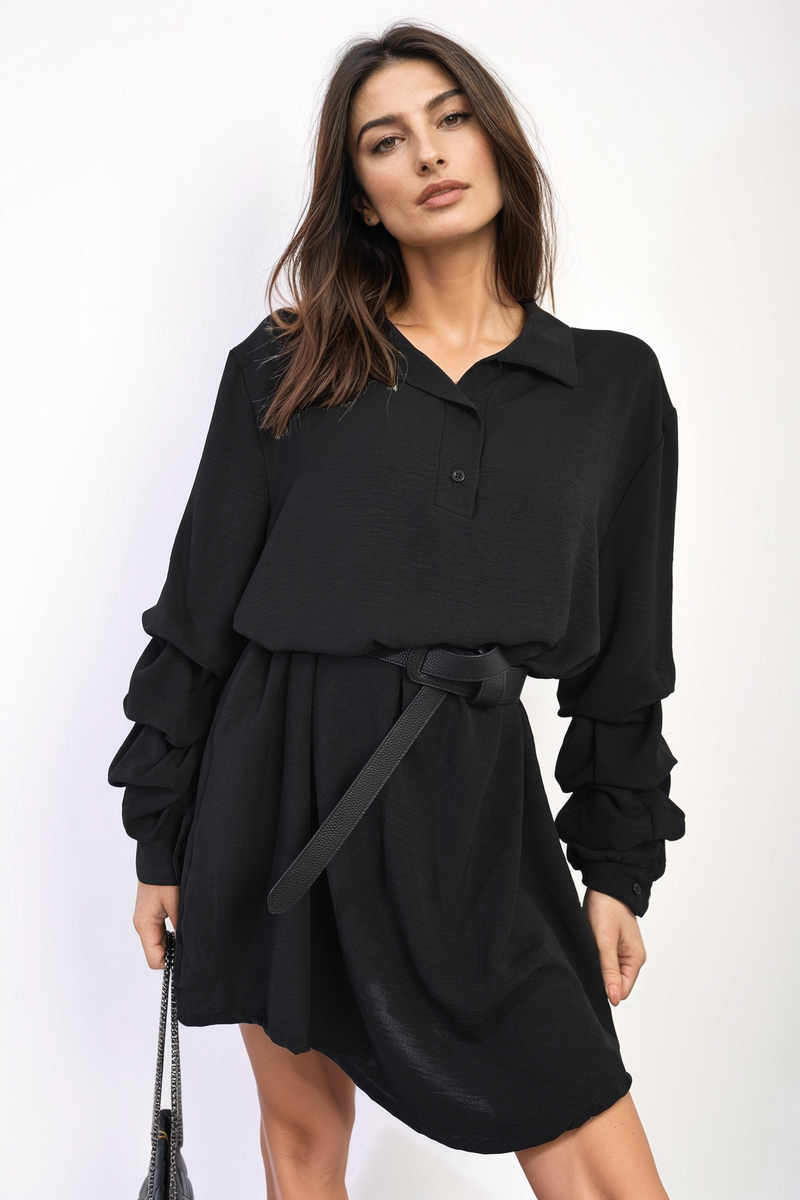 Shirt Dress in Green with Gathered Long Sleeves