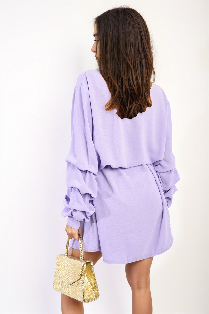 Shirt Dress in Green with Gathered Long Sleeves