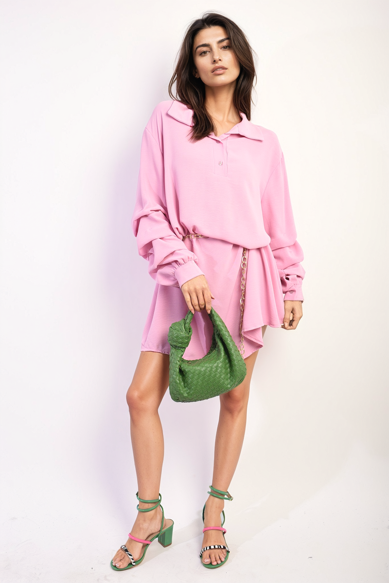 Shirt Dress in Green with Gathered Long Sleeves