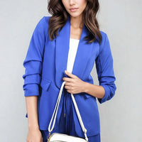 Blue ruched-sleeve open-front blazer jacket with front pocket flaps