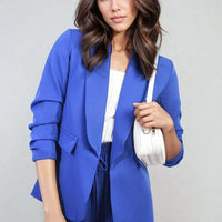 Blue ruched-sleeve open-front blazer jacket with front pockets