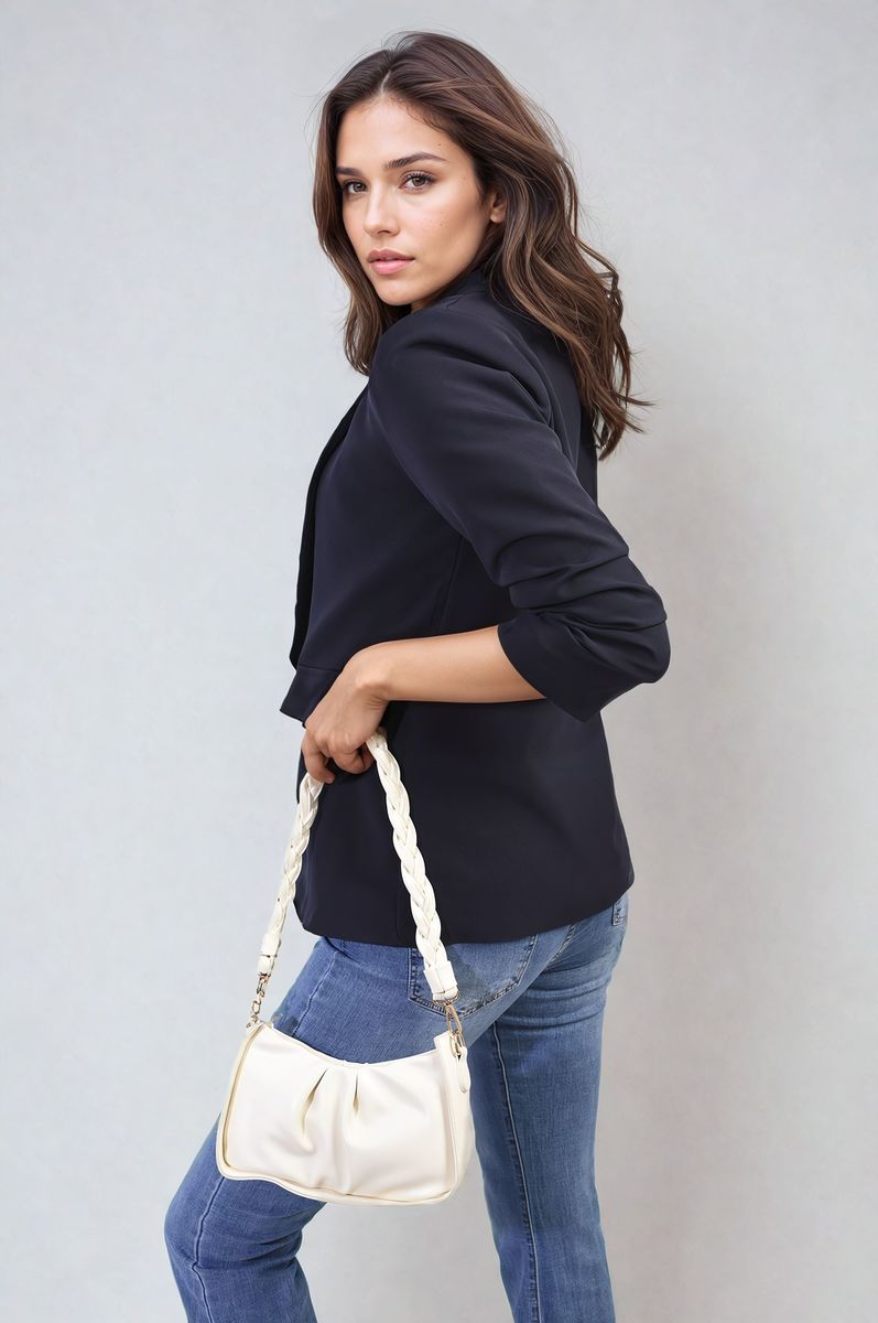 Black open-front blazer jacket with ruched sleeves and front pockets, side view