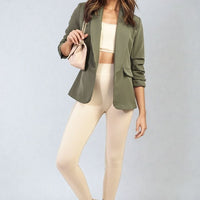 Olive open front blazer with ruched sleeves and front pockets, casual tailored