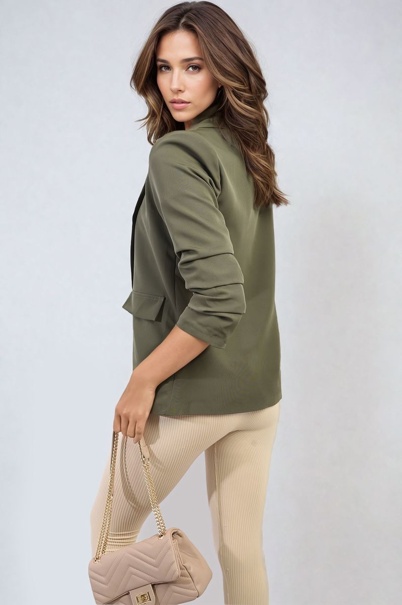 Olive green open front blazer with ruched sleeves and front pockets
