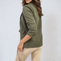 Olive green open front blazer with ruched sleeves and front pockets