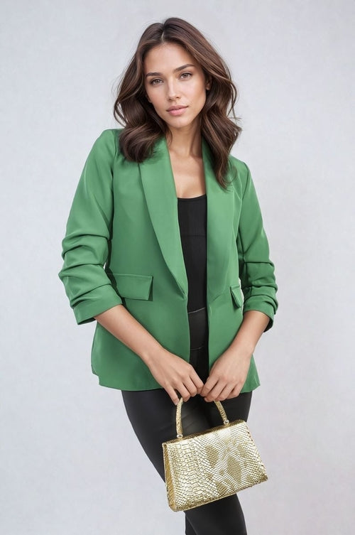 Open-front ruched-sleeve blazer jacket in green with front pockets and folded cuffs.