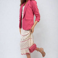 Open-front ruched-sleeve blazer jacket in pink with front pockets and structured lapels.