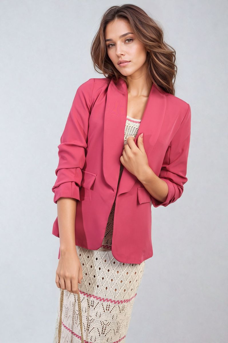 Pink ruched-sleeve open-front blazer with front pocket flaps and cuffs